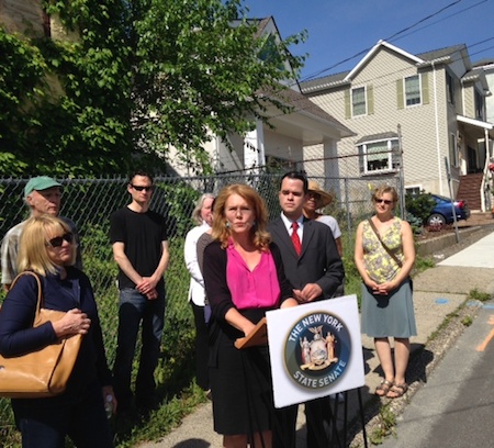 Nyack mayor Jen White and NYS Senator David Carlucci at the "zombie" abandoned property, John Green House, Main St Nyack NY, 201406