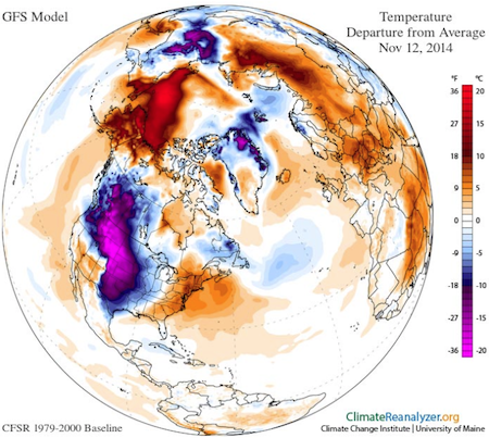 World Weather Temps 20141112 ClimateReAnalyzer.org Univ of Maine