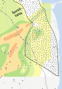 USGS map of alluvial deposits along the Sparkill valley showing deep sand and gravel deposits near the former Sugar Loaf Hill location.